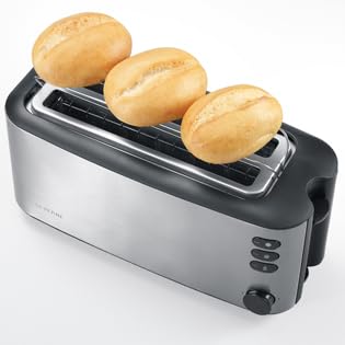 SEVERIN Automatik-Langschlitztoaster, Toaster mit Brötchenaufsatz, hochwertiger Edelstahl Toaster mit großen Röstkammern und 1400 W Leistung, Edelstahl-gebürstet/schwarz, AT 2509