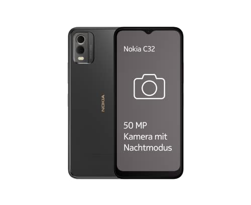 Nokia C32 6,5" Smartphone mit 3 Tagen Akkulaufzeit, 50/8MP Kameras, IP52 Zertifiziert, 3/64 GB Speicher, seitlicher Fingerabdrucksensor und Gesichtserkennung, Android 13 inkl. KFZ-Adapter - Charcoal