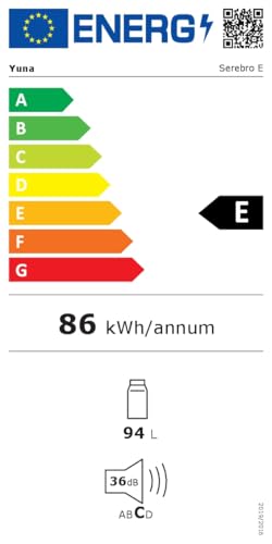 YUNA Kühlschrank SEREBRO E mit Fresh Zone/ 94L Nutzinhalt/Vollraumkühlschrank/ 84 cm hoch/ 86 kWh/Jahr/Türanschlag wechselbar/Leiser Betrieb 36 dB/Silbern