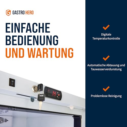 GastroHero Lagerkühlschrank Eco 590 mit Glastür für die Gastronomie, 4 verstellbare Einlegeböden, 590 Liter, Kühlschrank mit Glastür, Abschließbar, Innenbeleuchtung, Gastronomiebedarf, Weiß