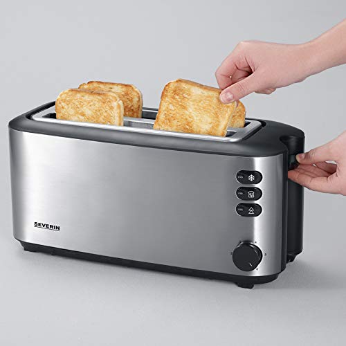 SEVERIN Automatik-Langschlitztoaster, Toaster mit Brötchenaufsatz, hochwertiger Edelstahl Toaster mit großen Röstkammern und 1400 W Leistung, Edelstahl-gebürstet/schwarz, AT 2509