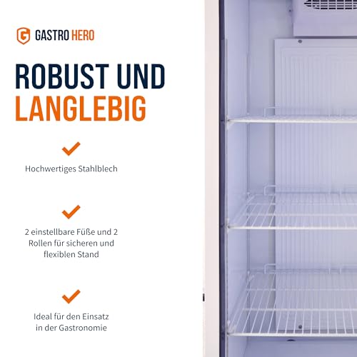 GastroHero Lagerkühlschrank Eco 590 mit Glastür für die Gastronomie, 4 verstellbare Einlegeböden, 590 Liter, Kühlschrank mit Glastür, Abschließbar, Innenbeleuchtung, Gastronomiebedarf, Weiß