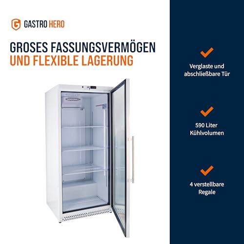 GastroHero Lagerkühlschrank Eco 590 mit Glastür für die Gastronomie, 4 verstellbare Einlegeböden, 590 Liter, Kühlschrank mit Glastür, Abschließbar, Innenbeleuchtung, Gastronomiebedarf, Weiß