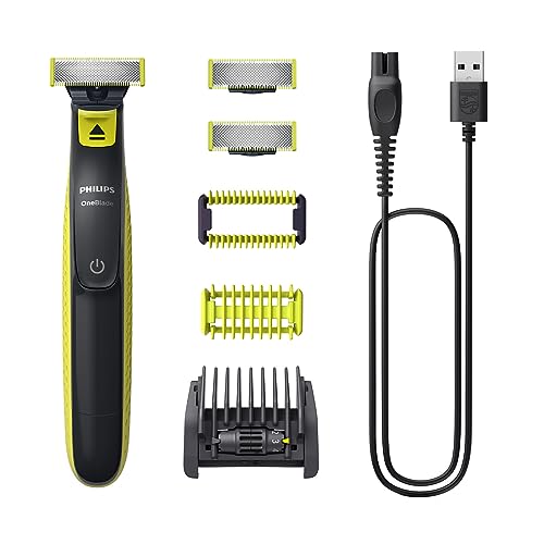 Philips OneBlade Face & Body – Elektrischer Bartschneider, Rasierer und Bodygroomer zum Trimmen, Stylen und Rasieren, 3x Original-Klingen, 1x 5-in-1 Trimmaufsatz, 2x Körperaufsätze, QP2824/30