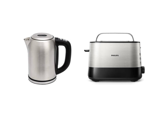 Amazon Basics 1.7L Edelstahlwasserkocher mit Digitalanzeige8 + Philips Toaster – 2 Toastschlitze, 7 Stufen, Brötchenaufsatz, Auftaufunktion