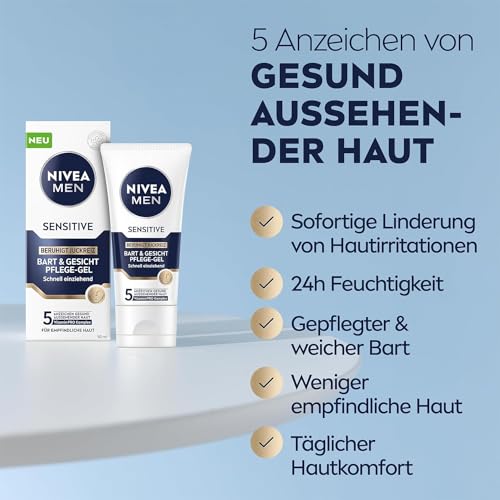 NIVEA MEN Sensitive Bart & Gesicht Pflege-Gel, schnell einziehende Bartpflege für empfindliche Männerhaut, beruhigende Gesichtspflege zur Linderung von Hautirritationen (50 ml)