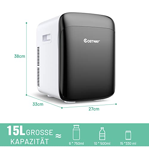 COSTWAY 2 in 1 Mini Kühlschrank, 15L Kühlschrank klein mit Kühl- und Heizfunktion, -3℃/50℃, DC/AC für Autos, Büros Camping und Wohnheim, 26dB (Schwarz)