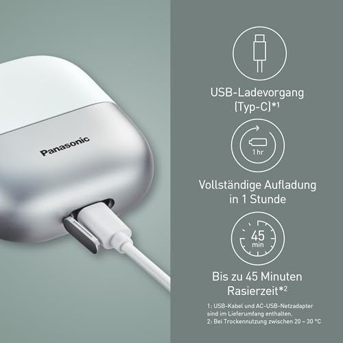 Panasonic ES-ACM3BW503 Series 700 Kompaktrasierer mit 3 Klingen, Nass- & Trockenrasierer für Männer, Bartdichten-Sensor+, IPX7 wasserdicht, USB-C-Aufladung, AC-USB-Netzteil, Weiß