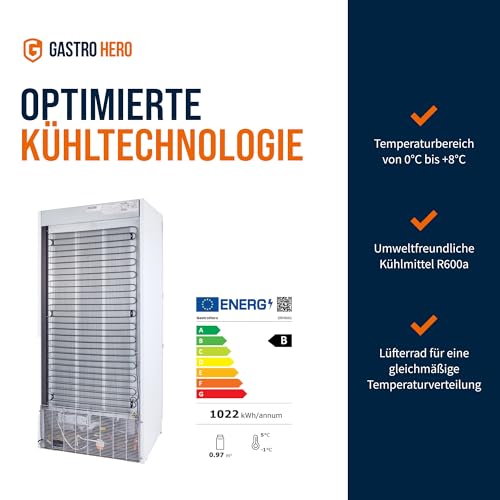 GastroHero Lagerkühlschrank Eco 590 mit Glastür für die Gastronomie, 4 verstellbare Einlegeböden, 590 Liter, Kühlschrank mit Glastür, Abschließbar, Innenbeleuchtung, Gastronomiebedarf, Weiß