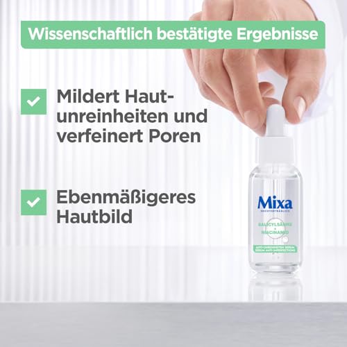 Mixa Anti-Unreinheiten Serum, Für zu Akne neigende und sensible Haut, Mit Salicylsäure, Squalan und Niacinamid, Geeignet für Gesicht & Hals, Hypoallergen, 30 ml