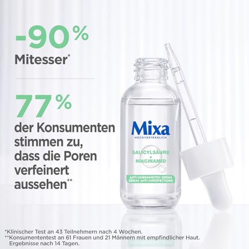 Mixa Anti-Unreinheiten Serum, Für zu Akne neigende und sensible Haut, Mit Salicylsäure, Squalan und Niacinamid, Geeignet für Gesicht & Hals, Hypoallergen, 30 ml