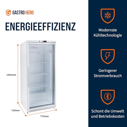 GastroHero Lagerkühlschrank Eco 590 mit Glastür für die Gastronomie, 4 verstellbare Einlegeböden, 590 Liter, Kühlschrank mit Glastür, Abschließbar, Innenbeleuchtung, Gastronomiebedarf, Weiß