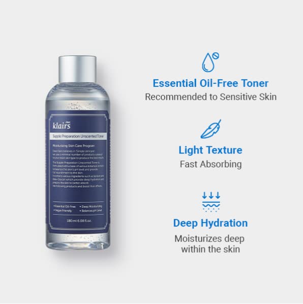 Dear Klairs SUPPLE PREPARATION Unscented Toner 180ml - Leicht, Ätherisch-Ölfrei, Alkoholfrei, Beruhigend, Schnell Absorbierend, Nicht Irritierend, Duftfrei, K-Beauty