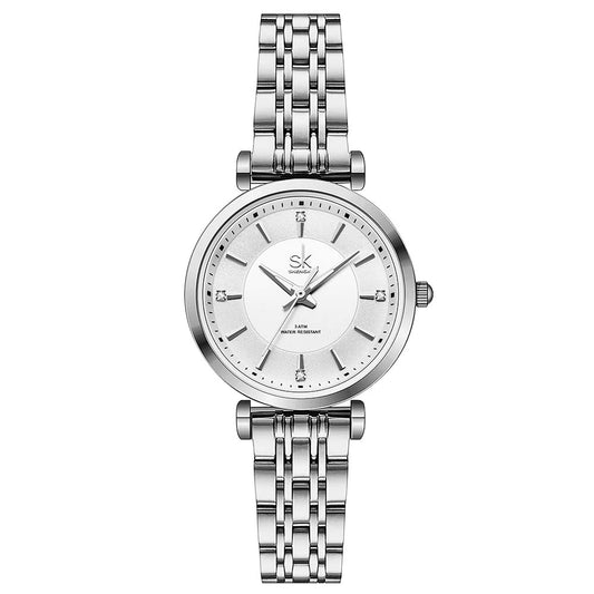 SHENGKE SK Klassische Frauen Uhren Mode Damen Kleid Uhr Solide Edelstahl Band Echtes Lederband(Silver)