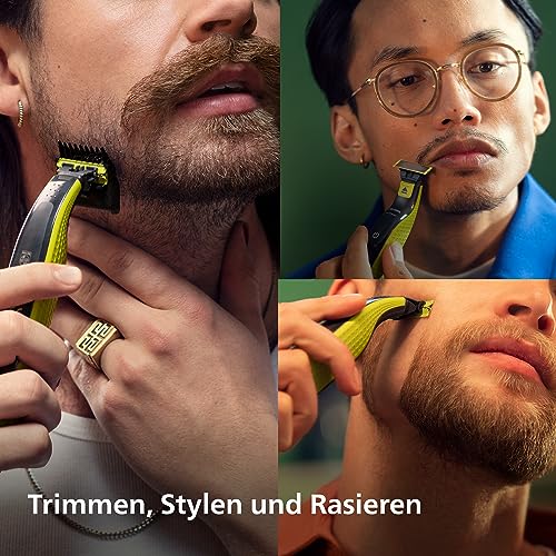 Philips OneBlade Face & Body – Elektrischer Bartschneider, Rasierer und Bodygroomer zum Trimmen, Stylen und Rasieren, 3x Original-Klingen, 1x 5-in-1 Trimmaufsatz, 2x Körperaufsätze, QP2824/30