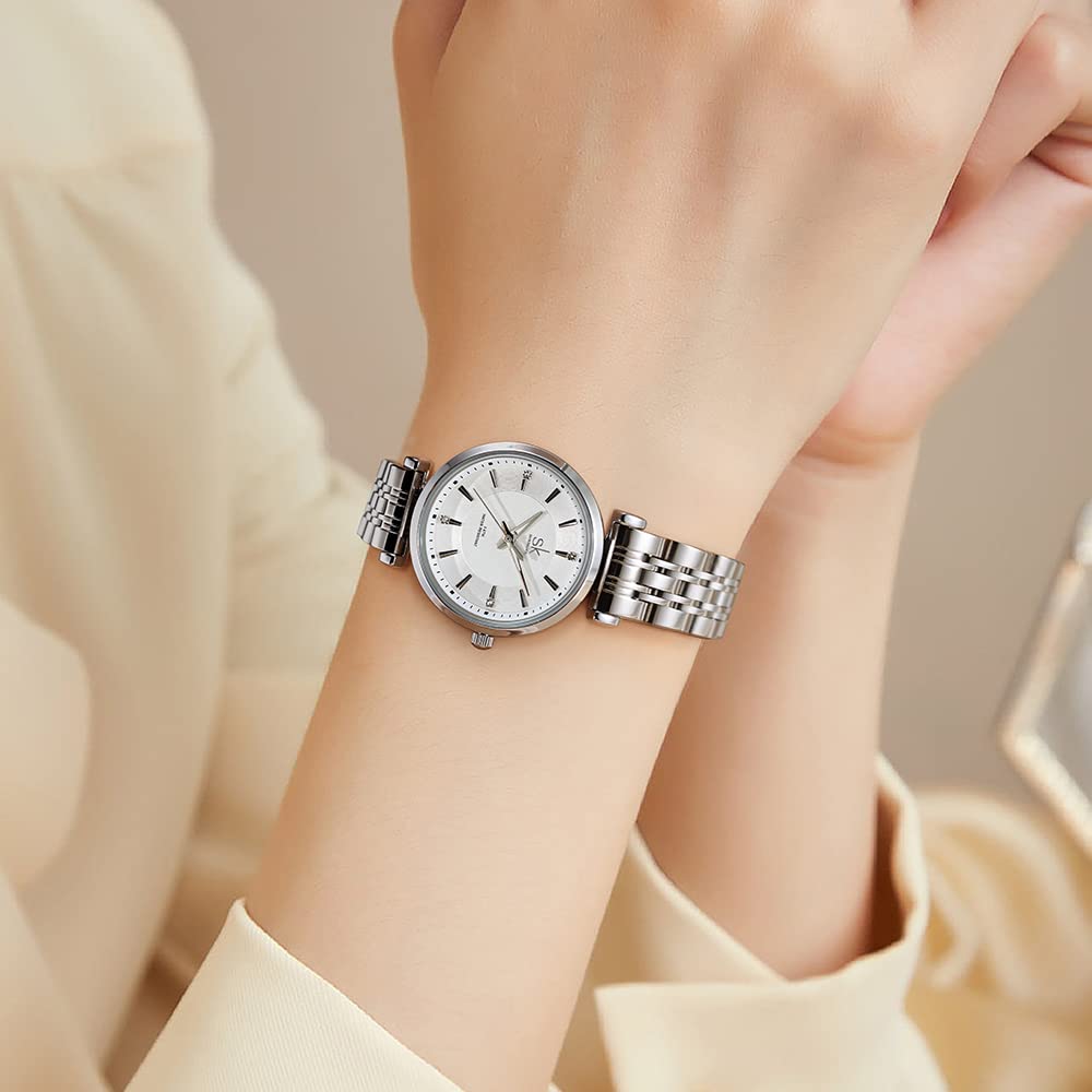 SHENGKE SK Klassische Frauen Uhren Mode Damen Kleid Uhr Solide Edelstahl Band Echtes Lederband(Silver)