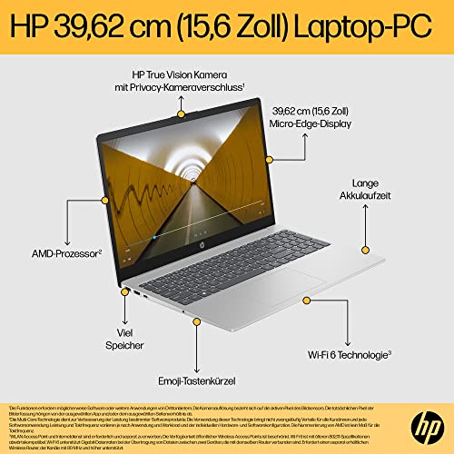 HP Laptop, 15,6" FHD Display, AMD Ryzen 5 7520U, 16 GB DDR5 RAM, 512 GB SSD, AMD Radeon-Grafik, Windows 11 Home, QWERTZ, Natural Silver mit HP Fast Charge