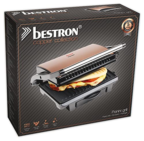 Bestron elektrischer Kontaktgrill mit Auffangschale, Sandwichmaker mit Cool-Touch-Handgriff & Antihaftbeschichtung, Paninimaker mit 1000 Watt, ASW113CO, Farbe: Kupfer, Ø 28,5 cm