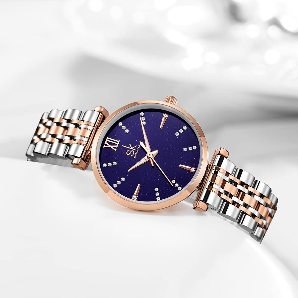 SHENGKE SK Klassische Frauen Uhren Mode Damen Kleid Uhr Solide Edelstahl Band Echtes Lederband (Blue-Starry)