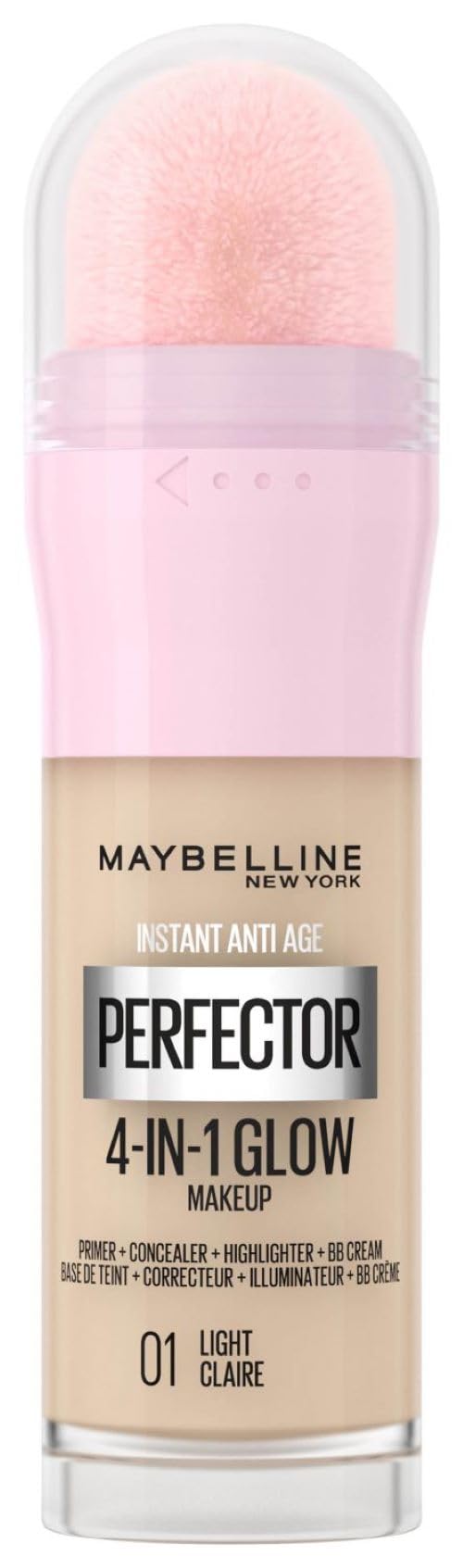 Maybelline New York 4-in-1 Make Up mit Concealer, BB Cream, Highlighter und Primer, für einen perfekten Teint, Foundation mit leichter Deckkraft, Instant Perfector Glow, Nr. 01 Light, 20 ml