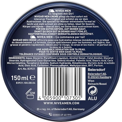 NIVEA MEN Creme, pflegende Hautcreme mit Vitamin E für intensive Feuchtigkeit,Hautpflege für Männer, ideal für Körper, Gesicht und Hände (150 ml)