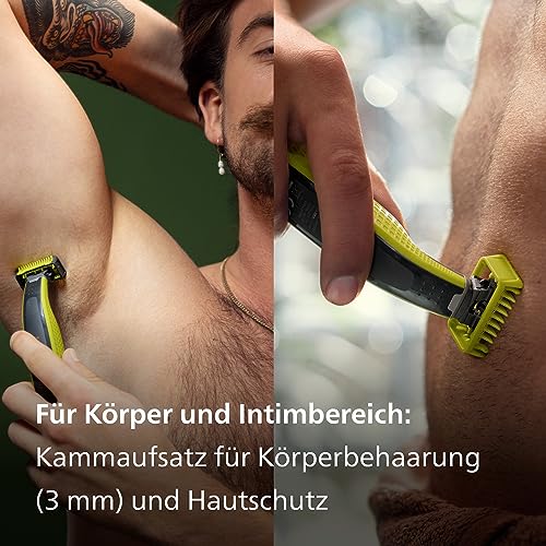 Philips OneBlade Face & Body – Elektrischer Bartschneider, Rasierer und Bodygroomer zum Trimmen, Stylen und Rasieren, 3x Original-Klingen, 1x 5-in-1 Trimmaufsatz, 2x Körperaufsätze, QP2824/30