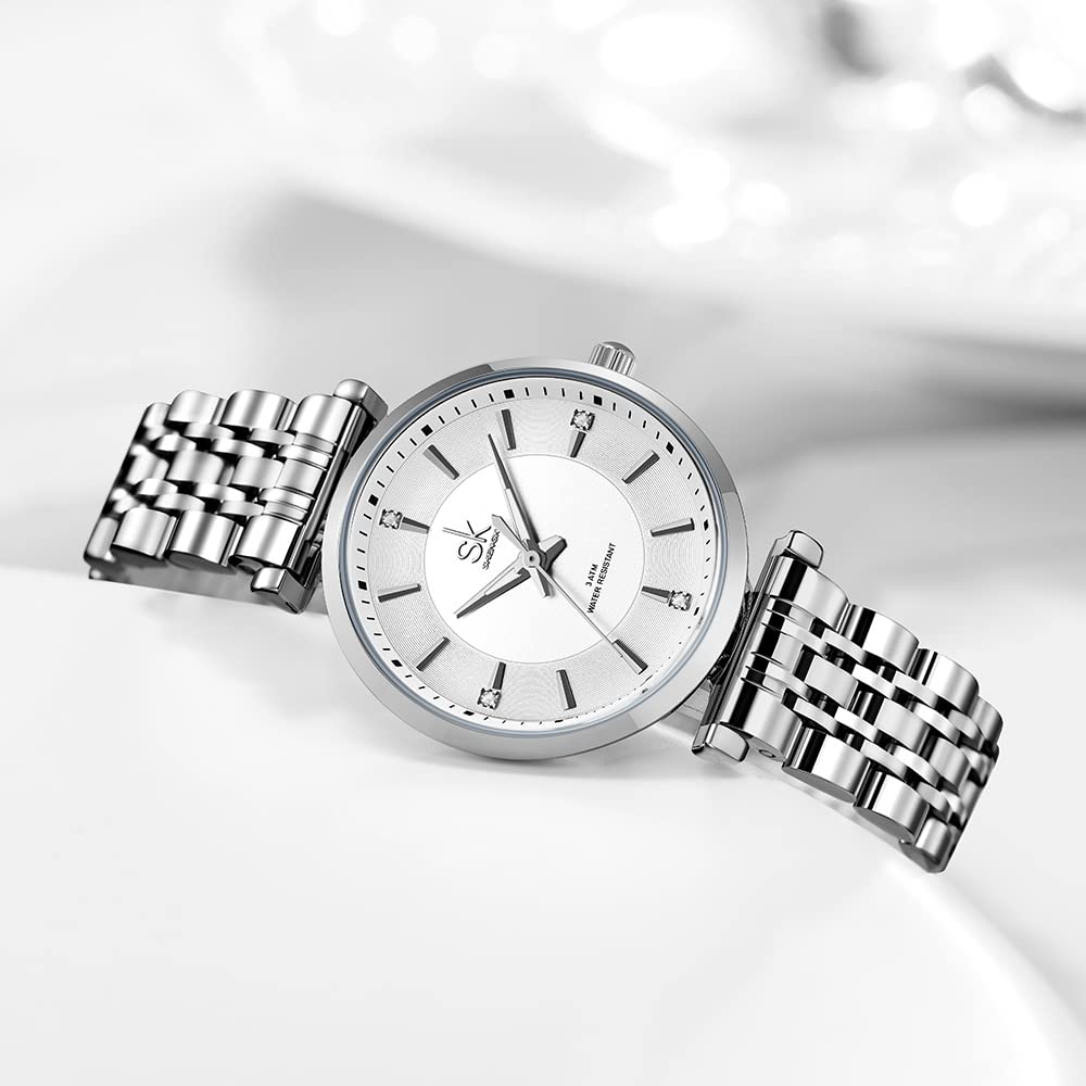 SHENGKE SK Klassische Frauen Uhren Mode Damen Kleid Uhr Solide Edelstahl Band Echtes Lederband(Silver)