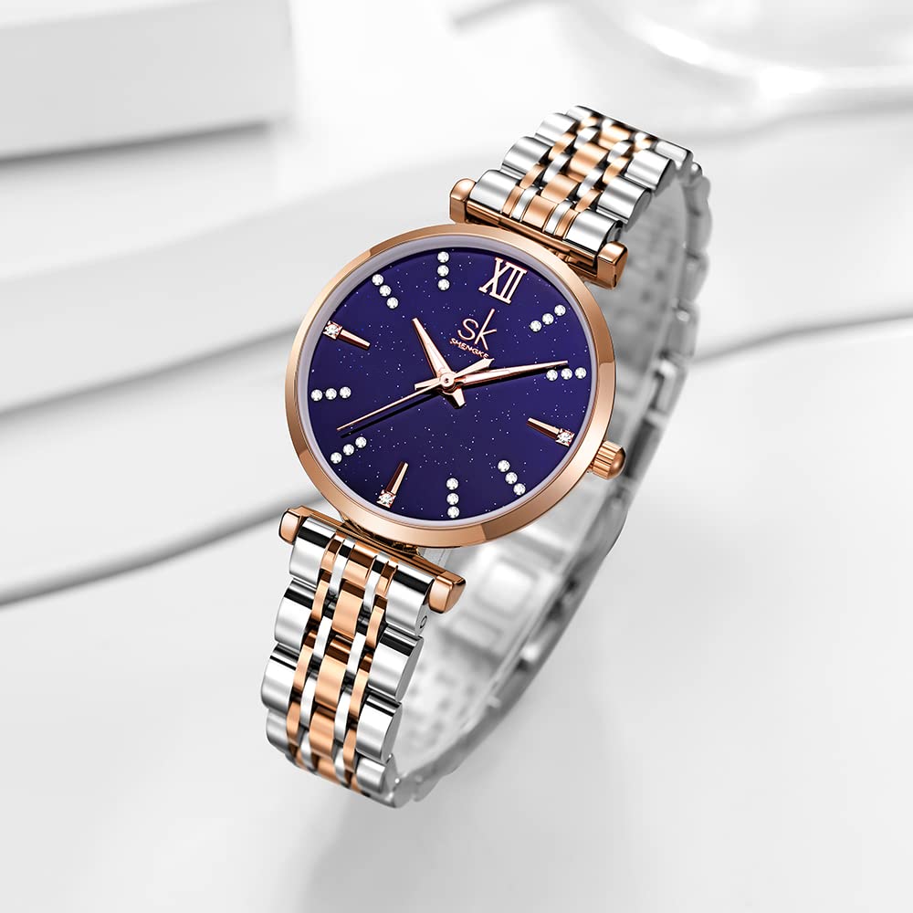 SHENGKE SK Klassische Frauen Uhren Mode Damen Kleid Uhr Solide Edelstahl Band Echtes Lederband (Blue-Starry)