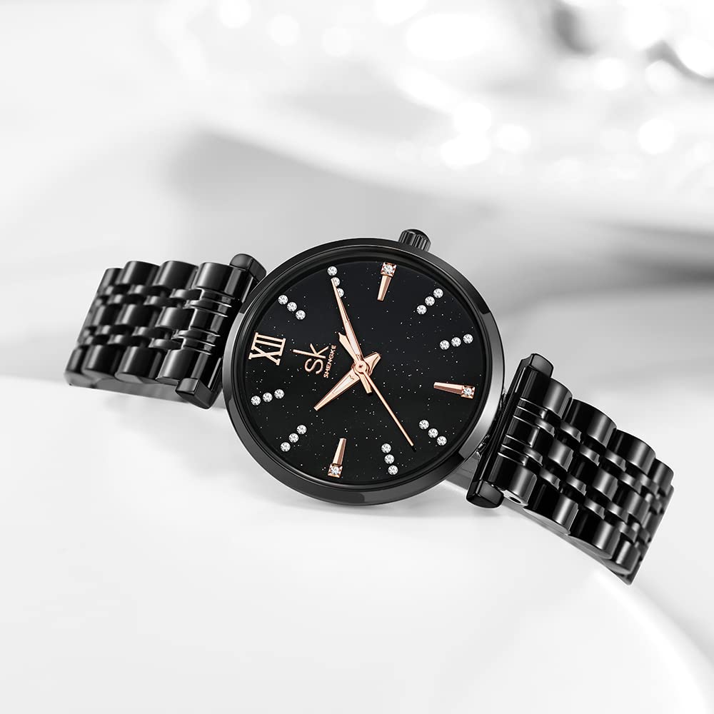 SHENGKE SK Klassische Frauen Uhren Mode Damen Kleid Uhr Solide Edelstahl Band Echtes Lederband (Black-Starry)