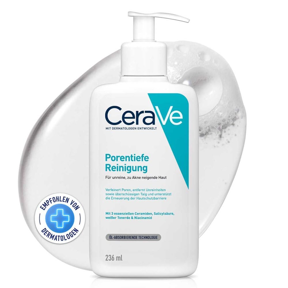 CeraVe Schäumendes Reinigungsgel für das Gesicht, Porentiefe Reinigung bei unreiner und zu Akne neigender Haut, Mit Salicylsäure, weißer Tonerde und Niacinamid, 236 ml