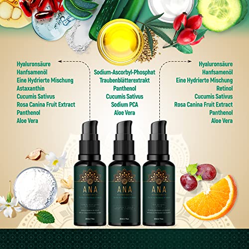 Bio Gesichtspflege Set 3x30 ml - Geschenke für Frauen - Vitamin C Serum Gesicht mit Vitamin A + E - wirksames Retinol & Hyaluron Gesichtsserum mit Aloe Vera Gel Basis - ANA Naturkosmetik