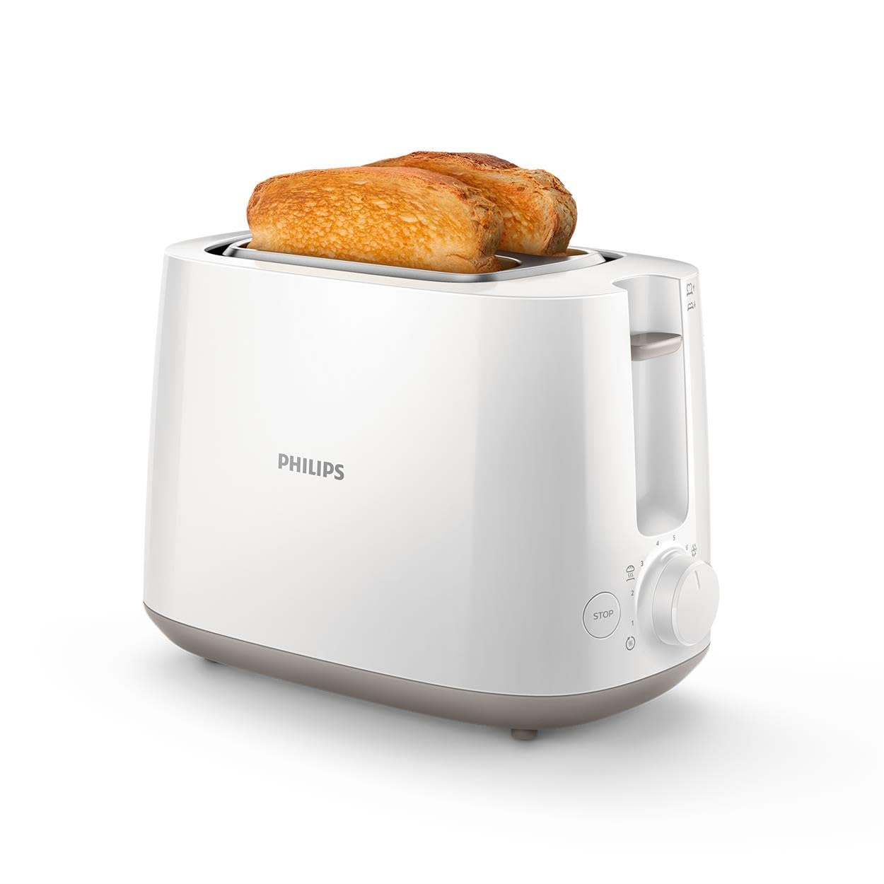 Philips Toaster – 2 Toastschlitze, 8 Stufen, Brötchenaufsatz, Auftaufunktion, Liftfunktion, Abschaltautomatik, weiß (HD2581/00)