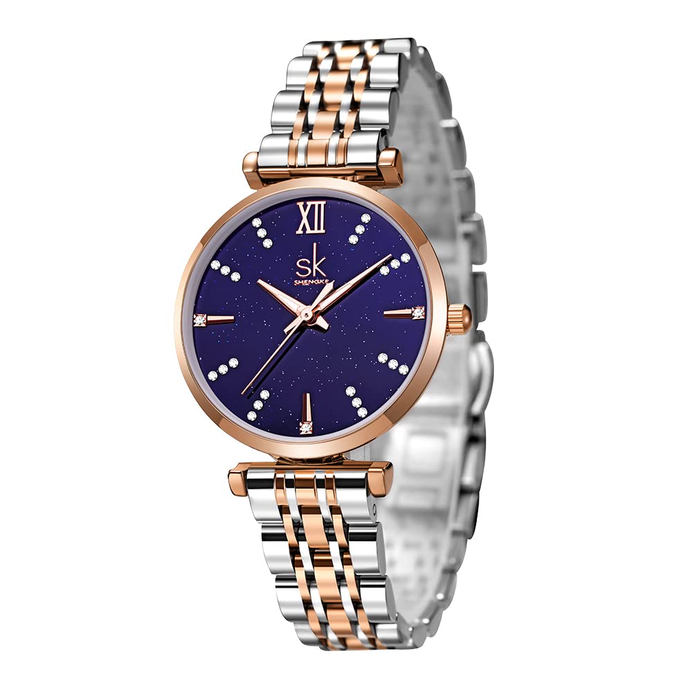 SHENGKE SK Klassische Frauen Uhren Mode Damen Kleid Uhr Solide Edelstahl Band Echtes Lederband (Blue-Starry)