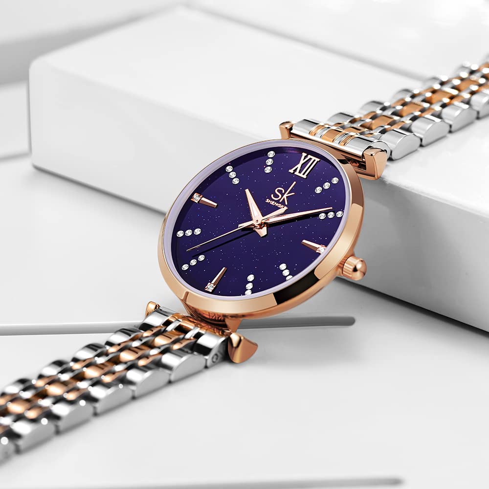 SHENGKE SK Klassische Frauen Uhren Mode Damen Kleid Uhr Solide Edelstahl Band Echtes Lederband (Blue-Starry)