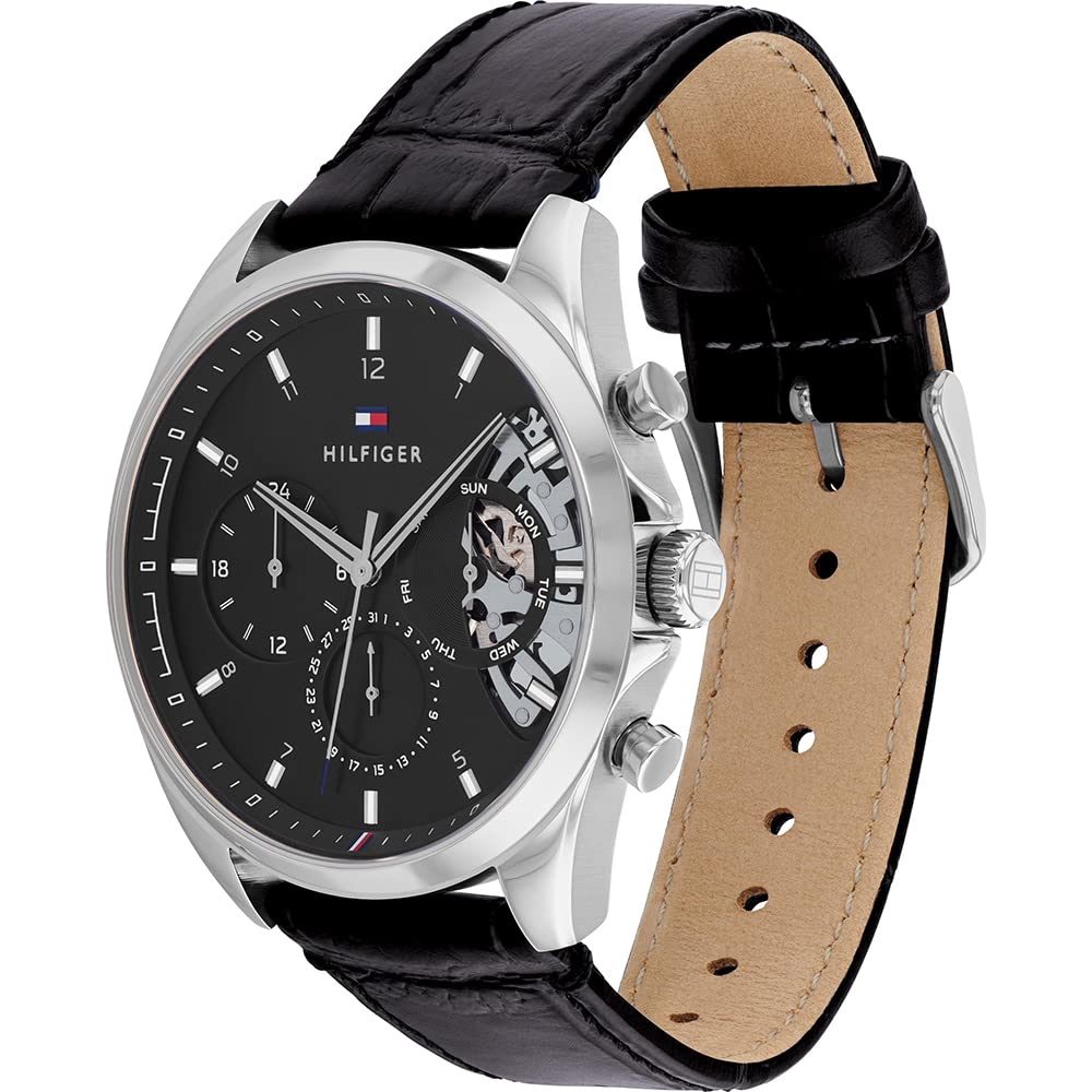 Tommy Hilfiger Multi Zifferblatt Quarz Uhr für Herren mit Schwarzes Lederarmband - 1710449