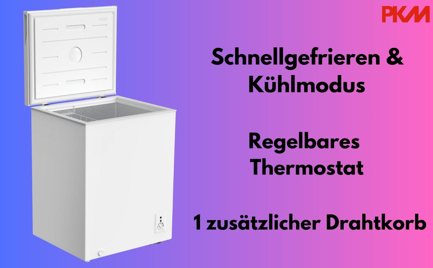 PKM Gefriertruhe GT100E, 99 Liter Nutzinhalt | Weiß | 4 Sterne Kennzeichnung | Flüsterleise mit 39 dB | Schnellgefrieren & Kühlmodus | 1 zusätzlicher Drahtkorb | Energieeffizienzklasse E