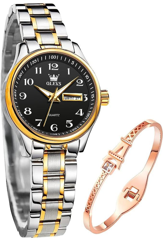 OLEVS Damenuhren Gold Silber Schwarz Leicht zu Lesen Armbanduhren für Damen mit Kleines Gesicht Tag Datum Edelstahlband wasserdichte