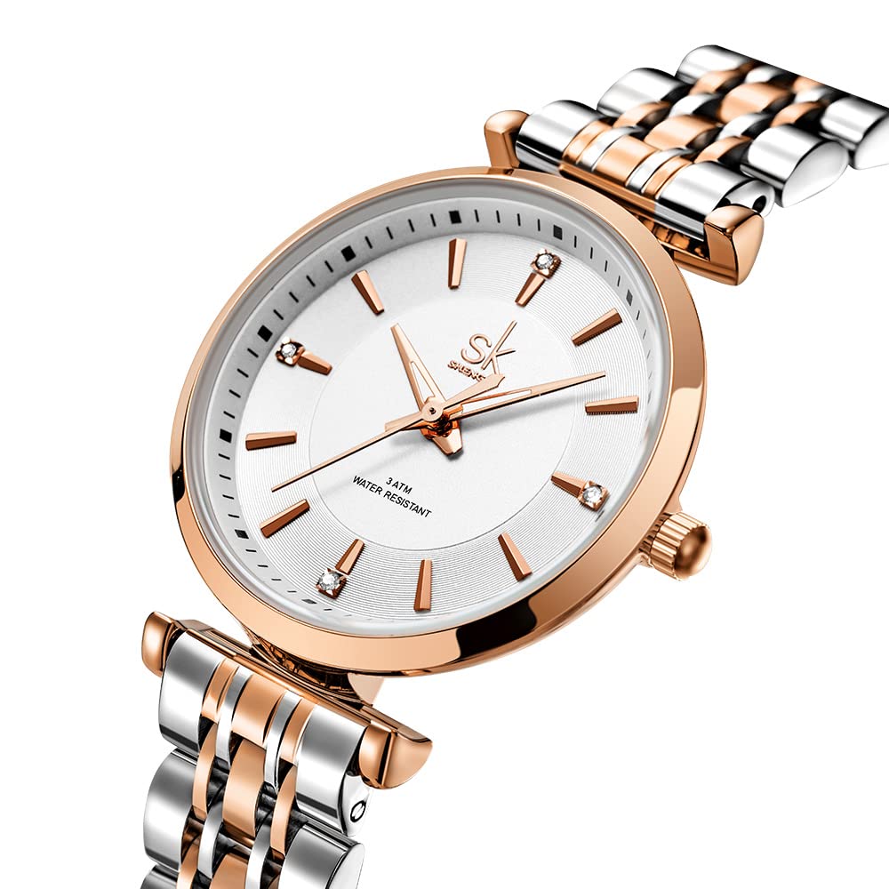 SHENGKE SK Klassische Frauen Uhren Mode Damen Kleid Uhr Solide Edelstahl Band Echtes Lederband(Silver-Rosegold)