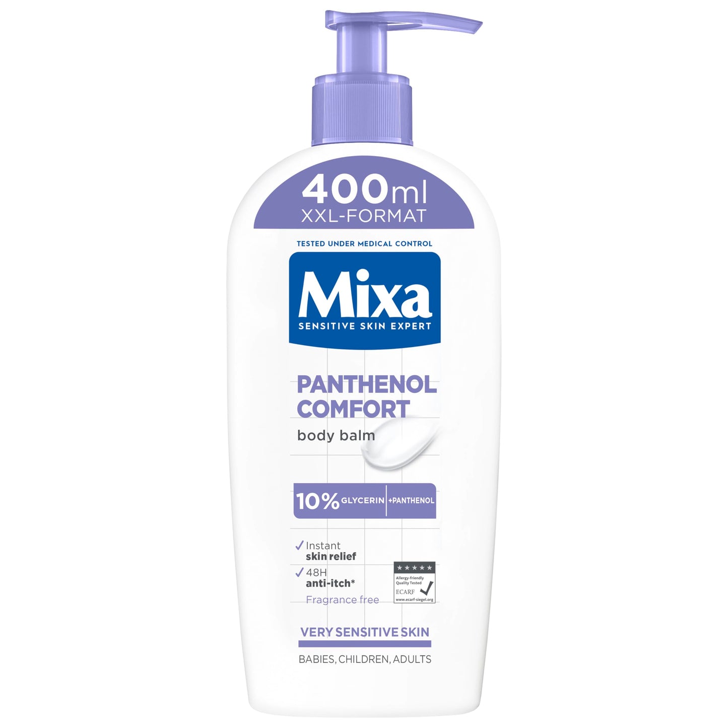 Mixa Panthenol Body Lotion XXL, juckreizlindernder und beruhigender Balsam, mit Panthenol und pflanzlichem Glycerin, für empfindliche, sensible Haut, mildert Juckreiz Mixa Panthenol Comfort, 400 ml