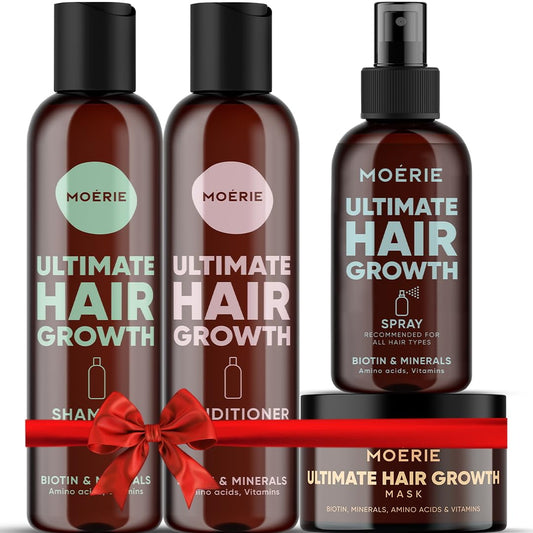 MOERIE Shampoo Set - gegen Haarausfall, Conditioner, Haarwachstum Serum & Haarmaske - natürlich Haarwachstum beschleunigen - Veganes Haarwuchsmittel Frauen & Männer - 77 Mineralien (4er-Set)