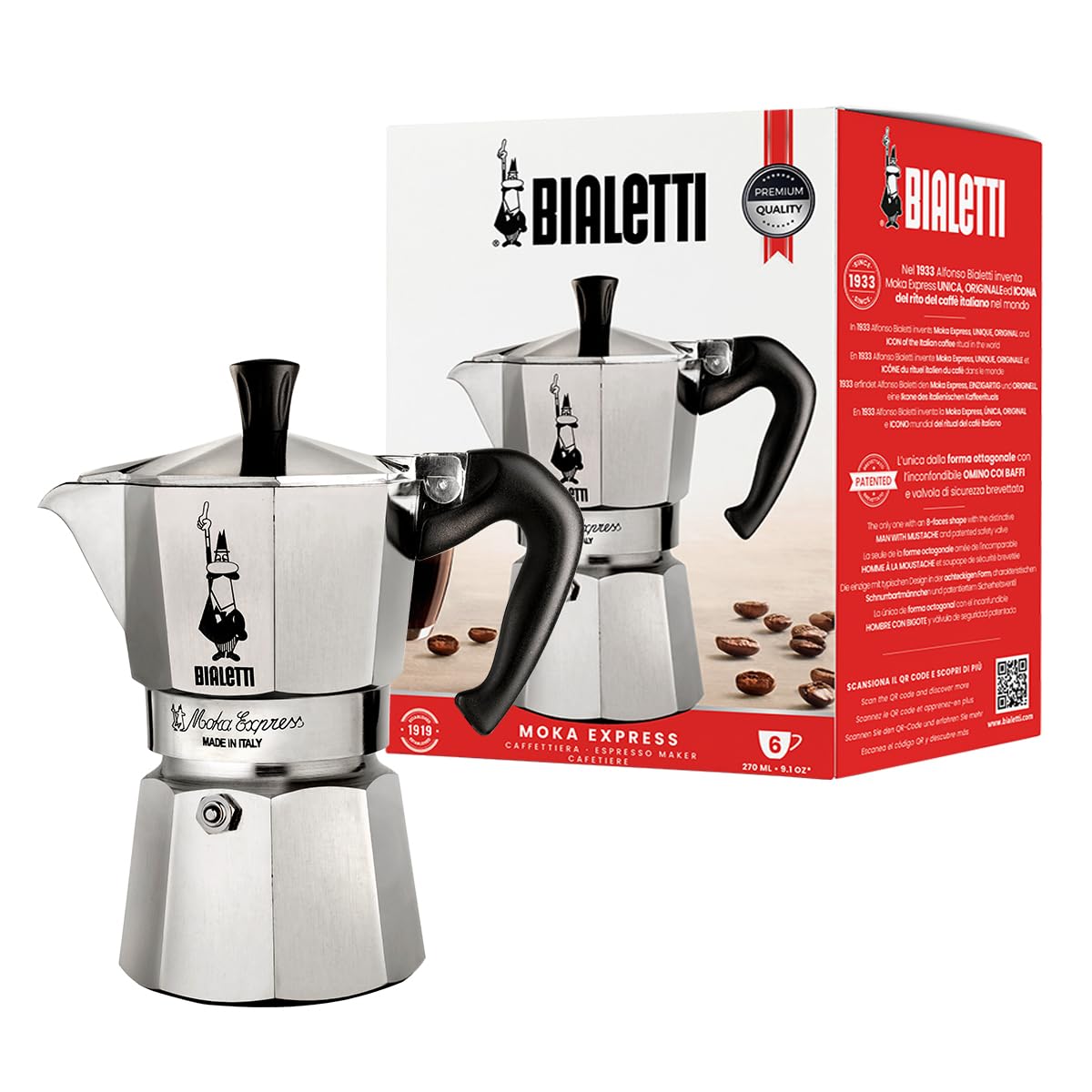 Bialetti Moka Express Ikonische Herdplatten-Espressomaschine, Aluminium, 270 ml, Silber/Schwarz