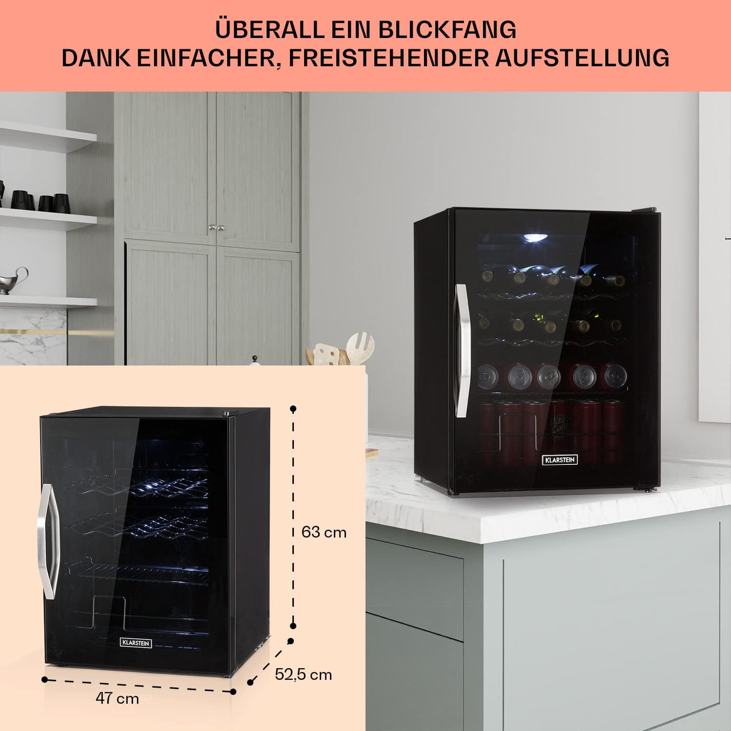 Klarstein Mini Kühlschrank mit Glastür, für Zimmer, Getränkekühlschrank Klein mit Verstellbaren Ablagen, mit Wellenform-Racks, 60 Liter Kühlschrank Leise