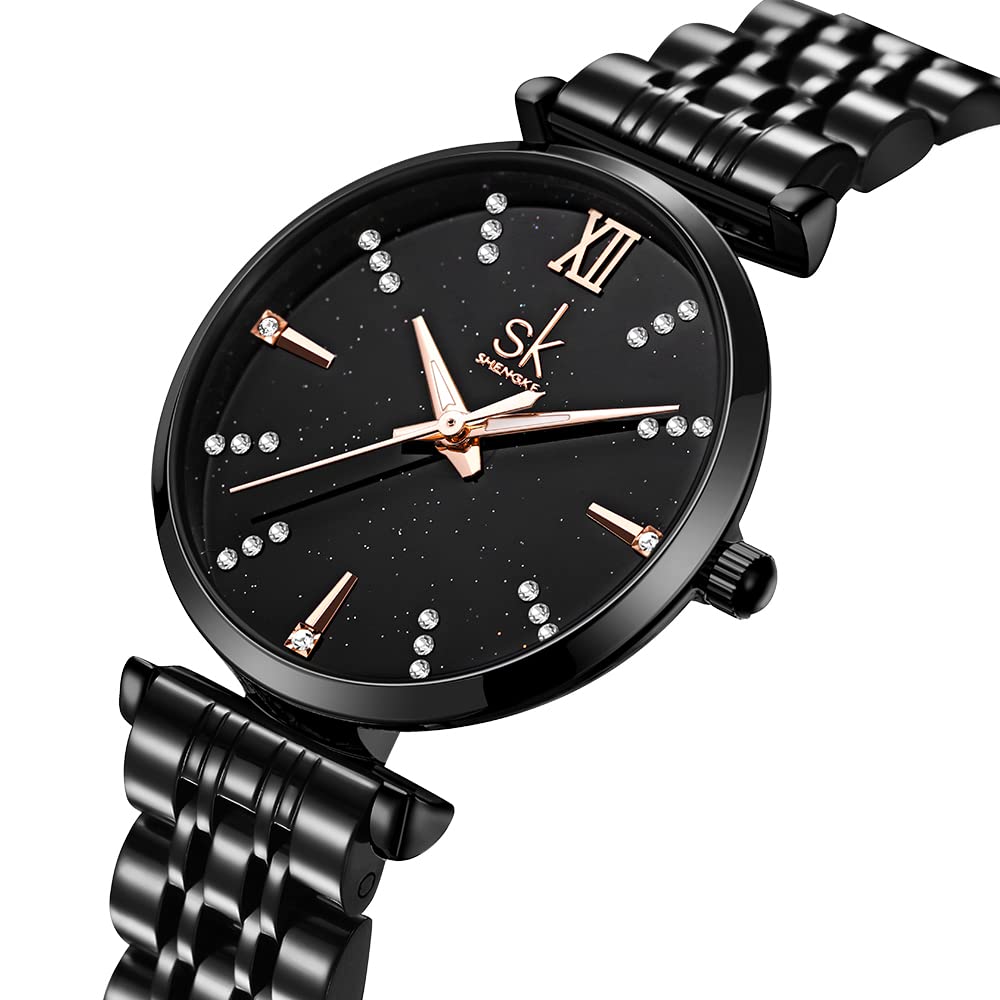 SHENGKE SK Klassische Frauen Uhren Mode Damen Kleid Uhr Solide Edelstahl Band Echtes Lederband (Black-Starry)