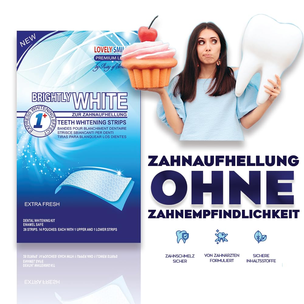 LOVELY SMILE Premium Line Teeth Whitening Strips - Zahnaufhellung ohne Zahnempfindlichkeit, Peroxidfrei - Schnelle Wirkung - Sicher für Zahnschmelz, 28 WHITE-STRIPS von RAY OF SMILE