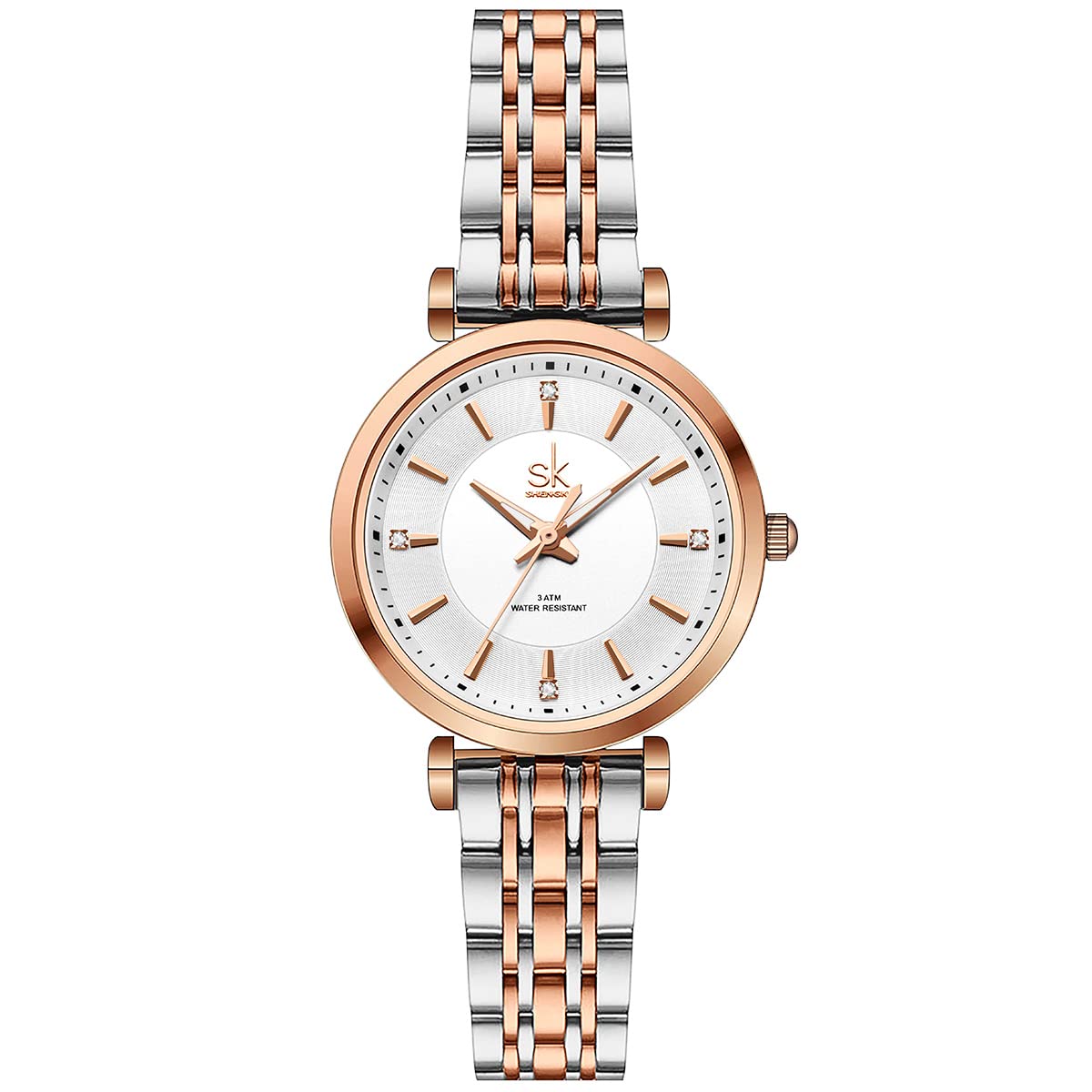 SHENGKE SK Klassische Frauen Uhren Mode Damen Kleid Uhr Solide Edelstahl Band Echtes Lederband(Silver-Rosegold)