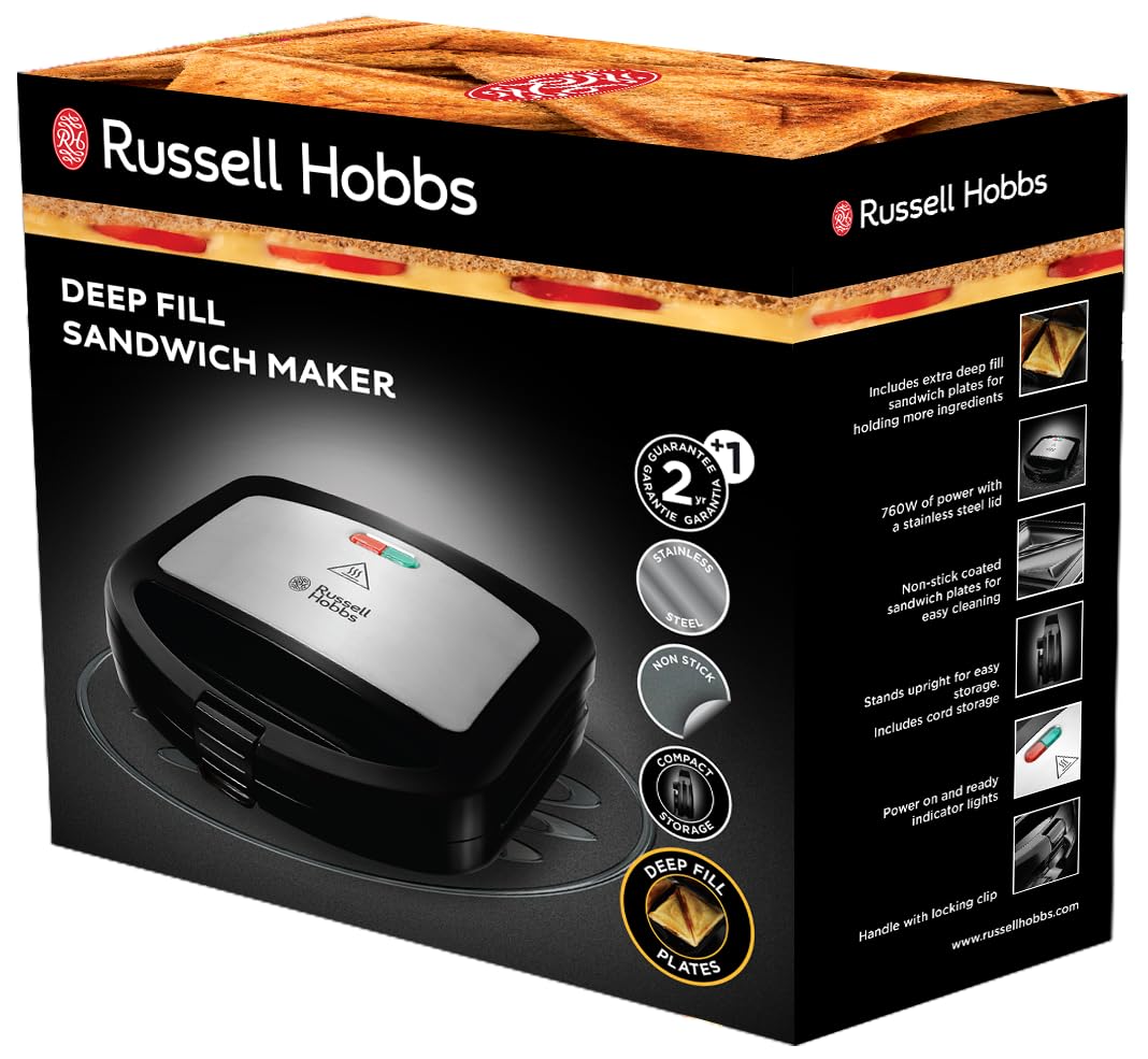 Russell Hobbs Sandwichmaker [Antihaftbeschichtete & extra tiefe Platten] Sandwichtoaster (Ideal für dickere Toastscheiben sowie für die Zubereitung von Gebäck, Quesadillas und Omeletts) 24530-56