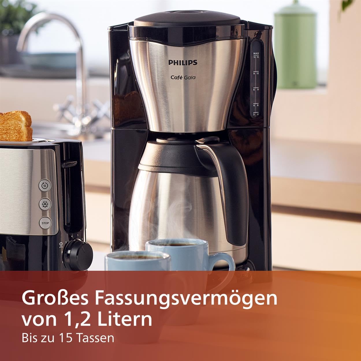 PHILIPS Filterkaffeemaschine – 1.2-Liter-Thermoskanne, bis zu 15 Tassen, Edelstahl, (HD7546/20), 1000watts, 25.5 x 22.1 x 37.01 cm, silbern/schwarz