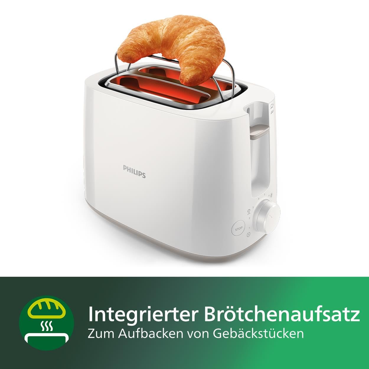 Philips Toaster – 2 Toastschlitze, 8 Stufen, Brötchenaufsatz, Auftaufunktion, Liftfunktion, Abschaltautomatik, weiß (HD2581/00)