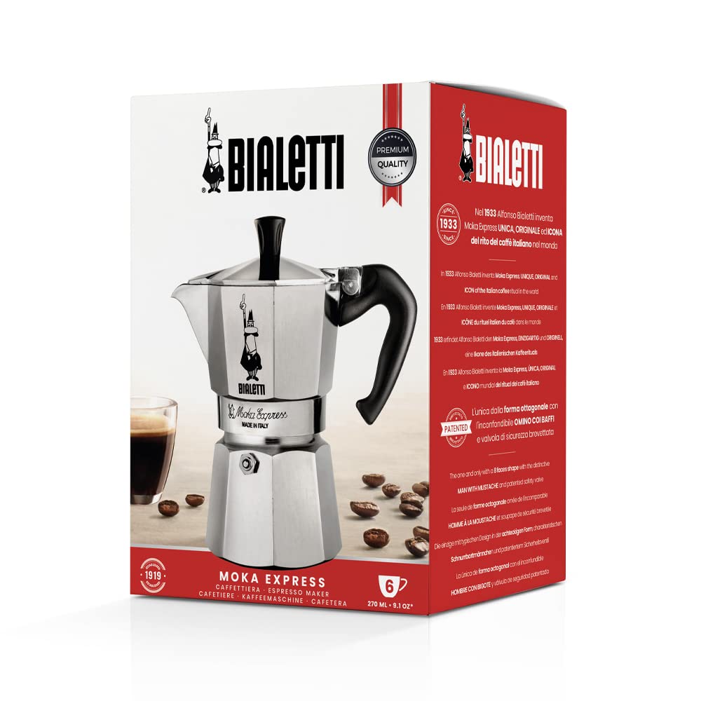 Bialetti Moka Express Ikonische Herdplatten-Espressomaschine, Aluminium, 270 ml, Silber/Schwarz