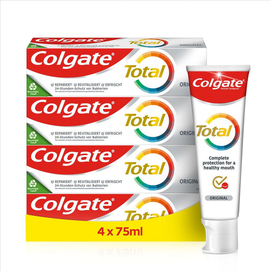 Colgate Total Original 4x100ml | 24h AKTIV SCHUTZ* | Colgate Zahnpasta mit einzigartiger antibakterieller Technologie mit Dual Zinc für umfassende Zahnreinigung | 8 Vorteile für kompletten Schutz